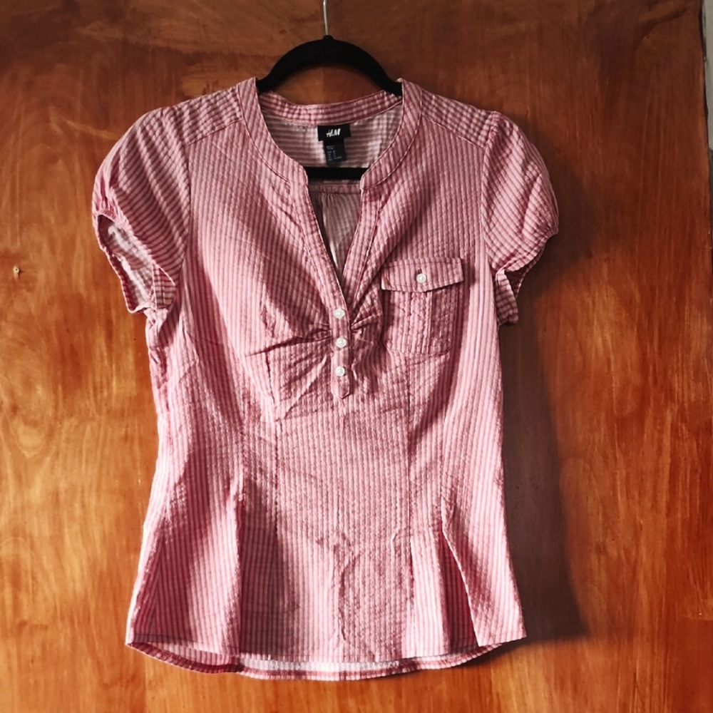 H&M Red & White Striped Puff Sleeve Blouse with Mandarin Collar